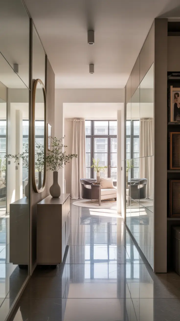 hallway remodel ideas 2026 mirrored wall panels in modern corridor