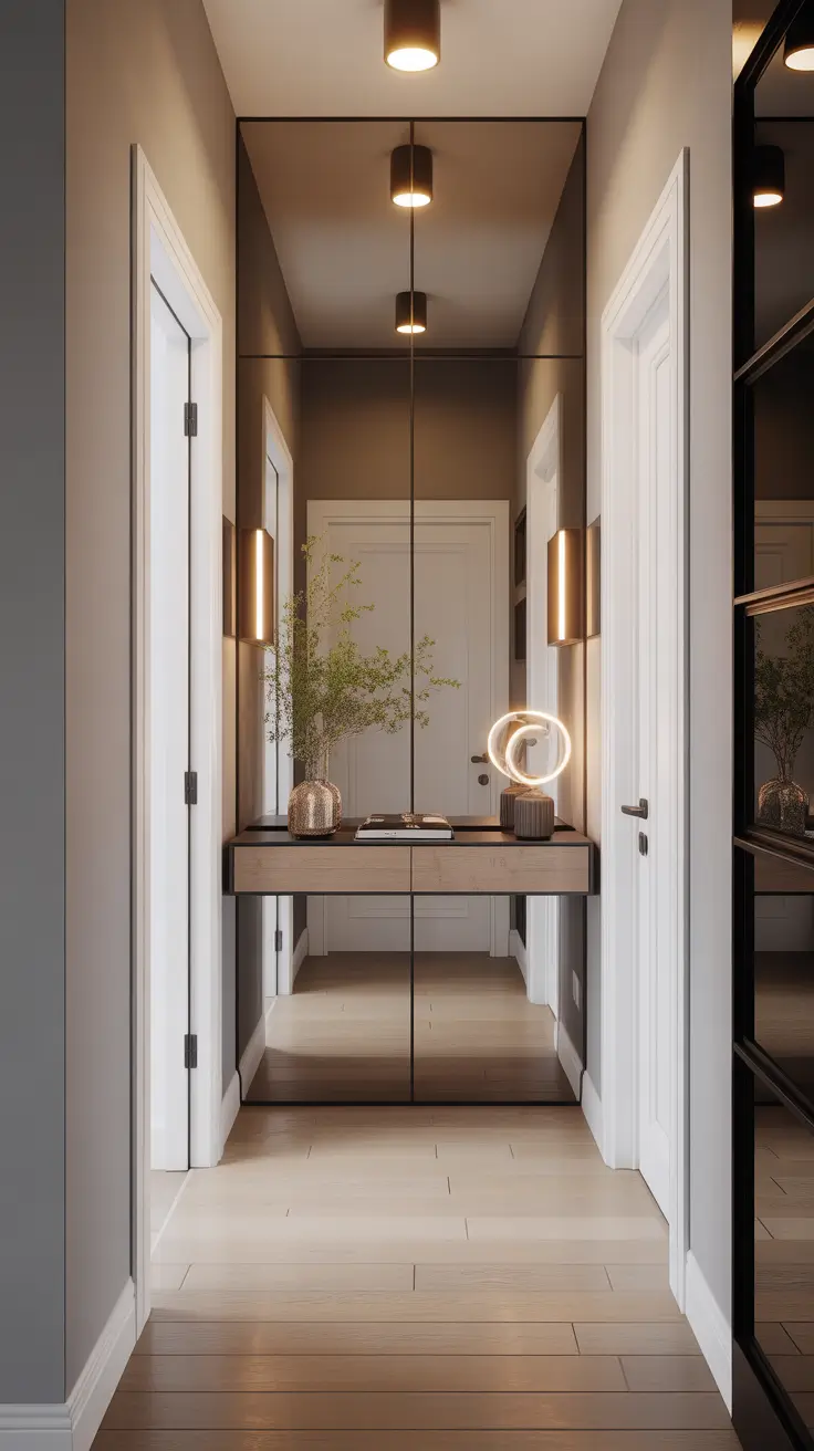 hallway remodel ideas 2026 sleek mirrored hallway with console table