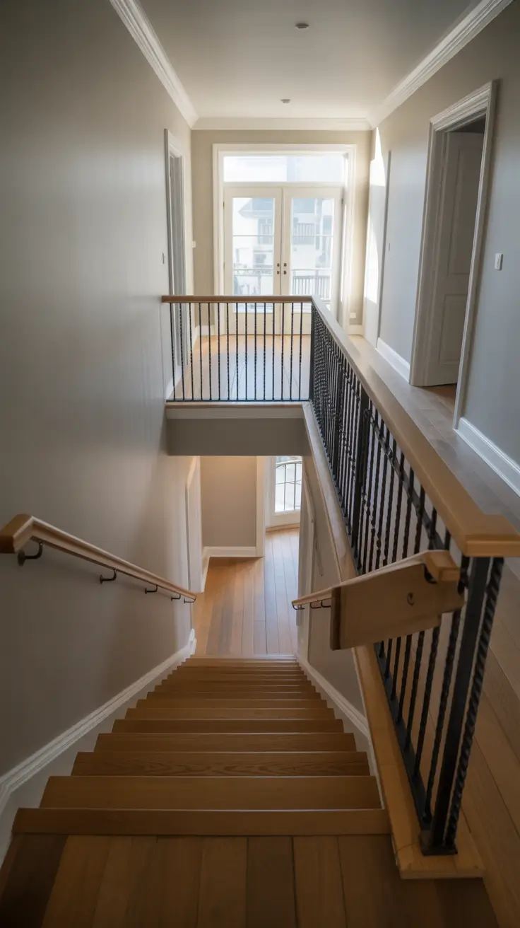 hallway remodel ideas 2026 open staircase with glass railing and wood steps