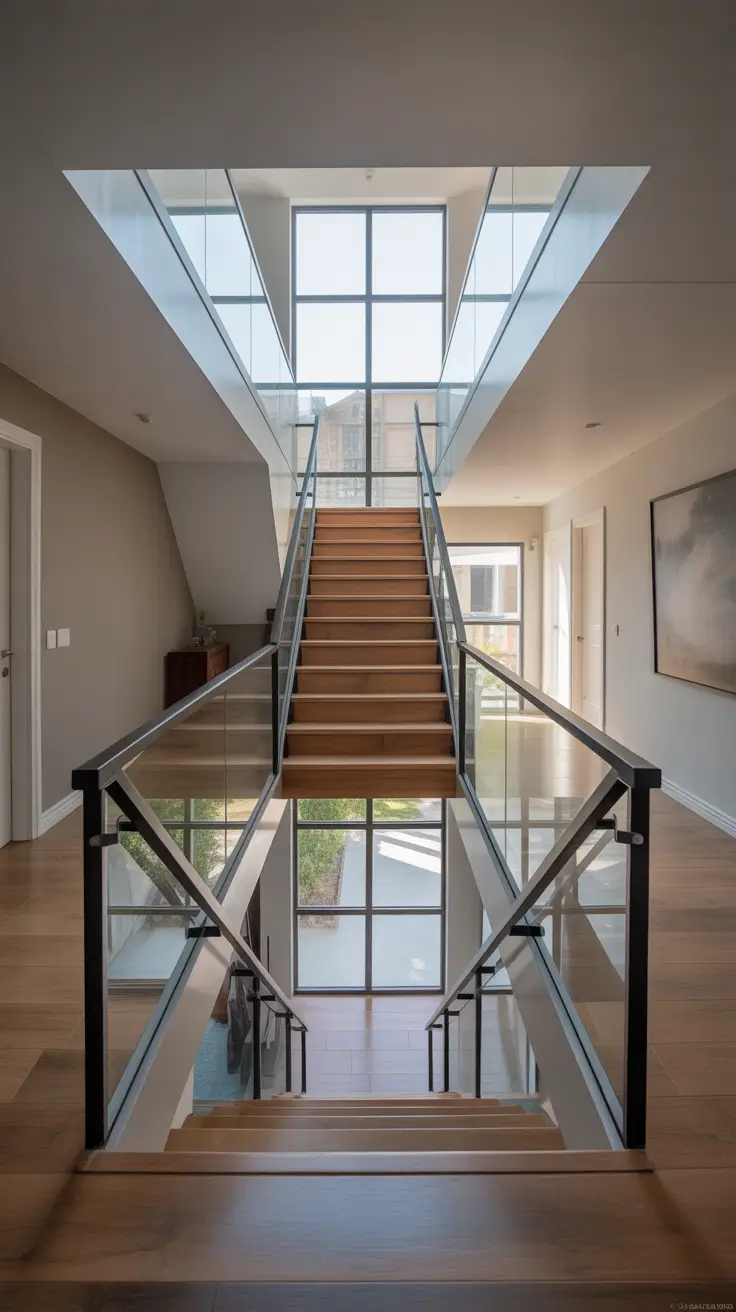 hallway remodel ideas 2026 contemporary open stair design with glass panels