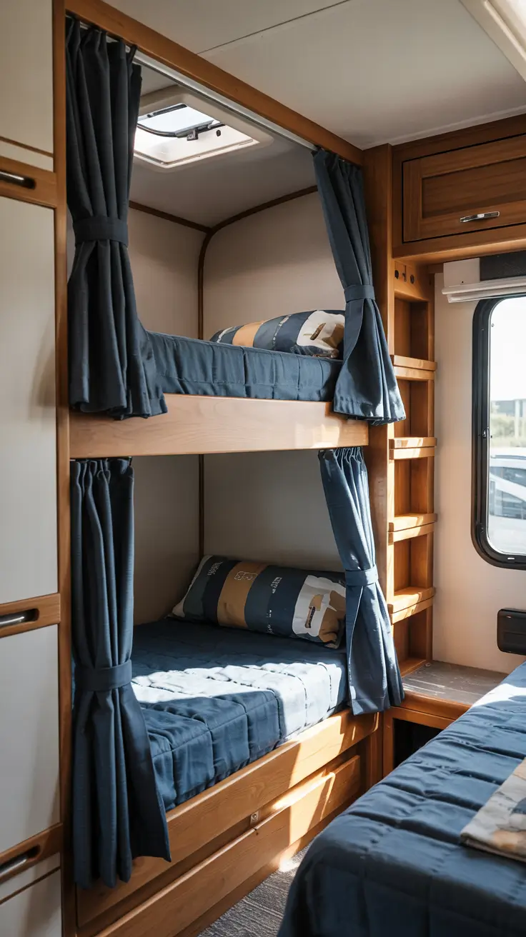 rv bunk room remodel for kids with built in privacy curtains