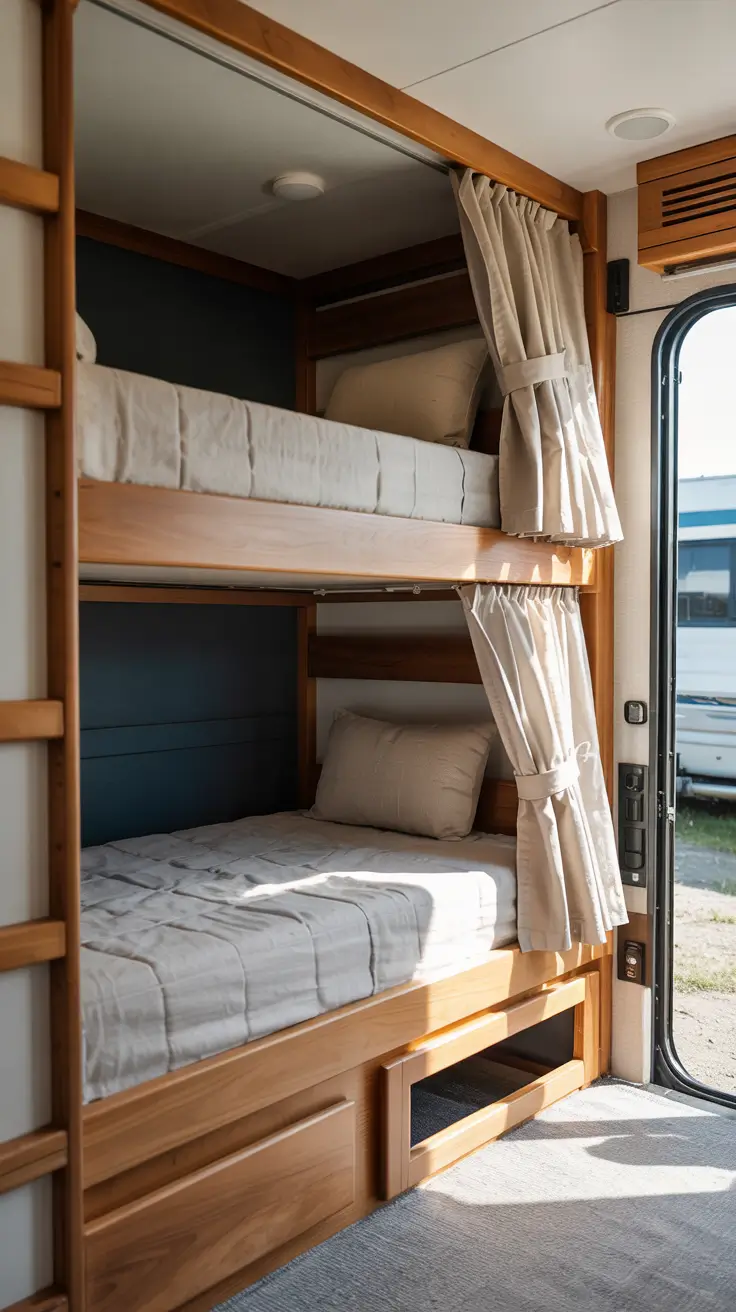 rv bunk room remodel for kids with built in privacy curtains