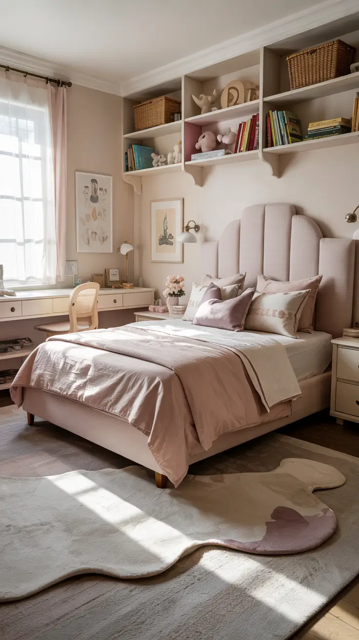 elegant girls bedroom remodel with soft blush and built in shelving