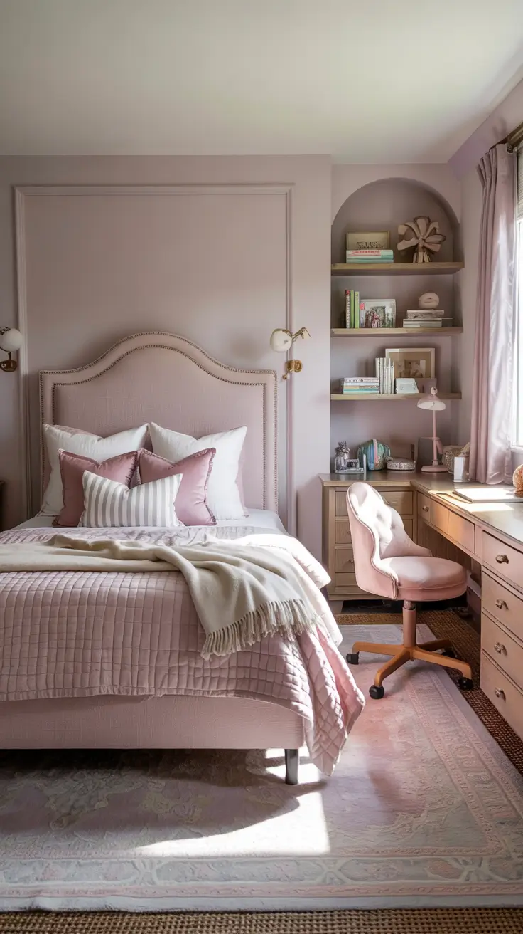 elegant girls bedroom remodel with soft blush and built in shelving
