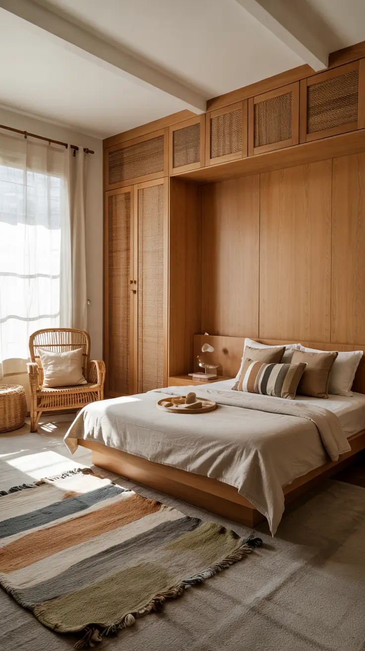 warm neutral kids bedroom remodel with natural wood storage