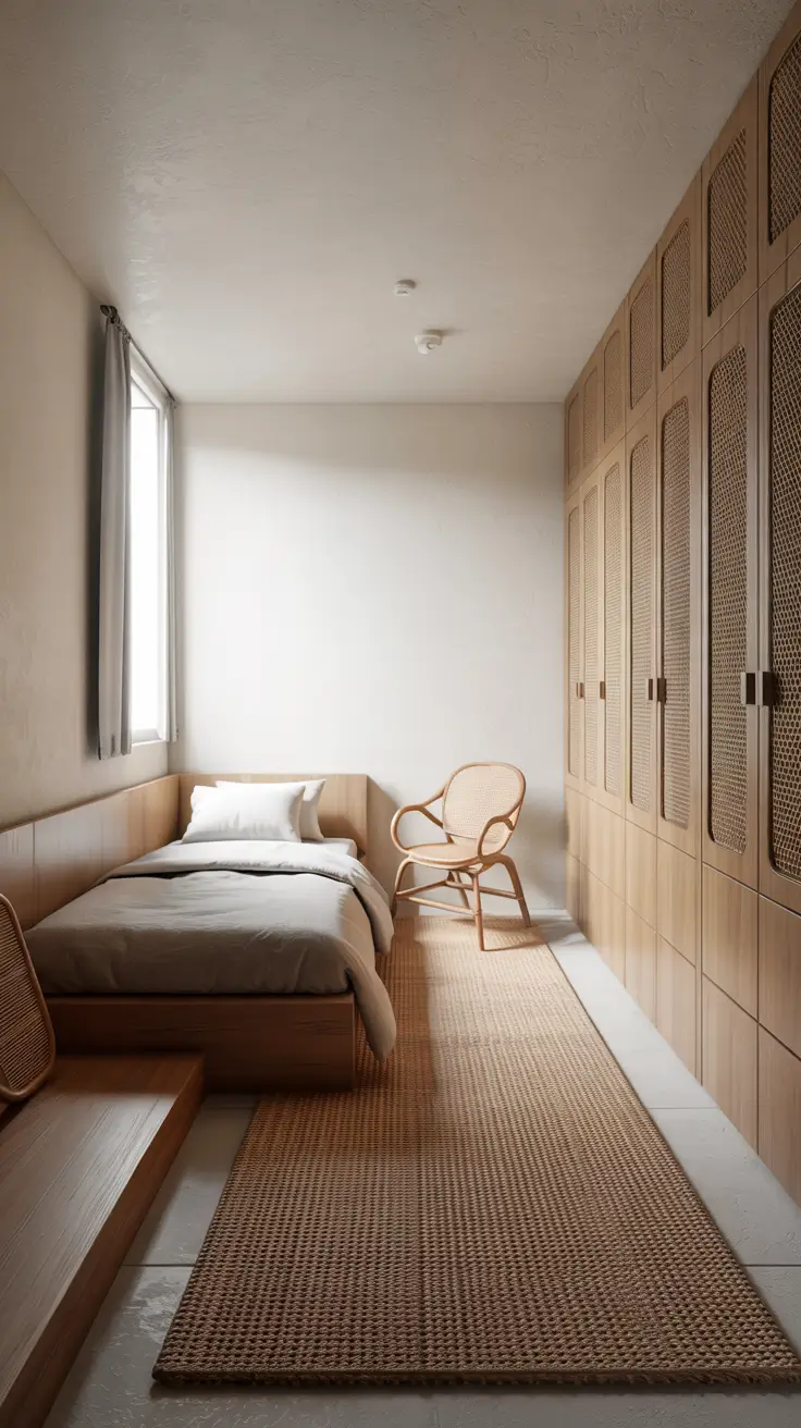 warm neutral kids bedroom remodel with natural wood storage