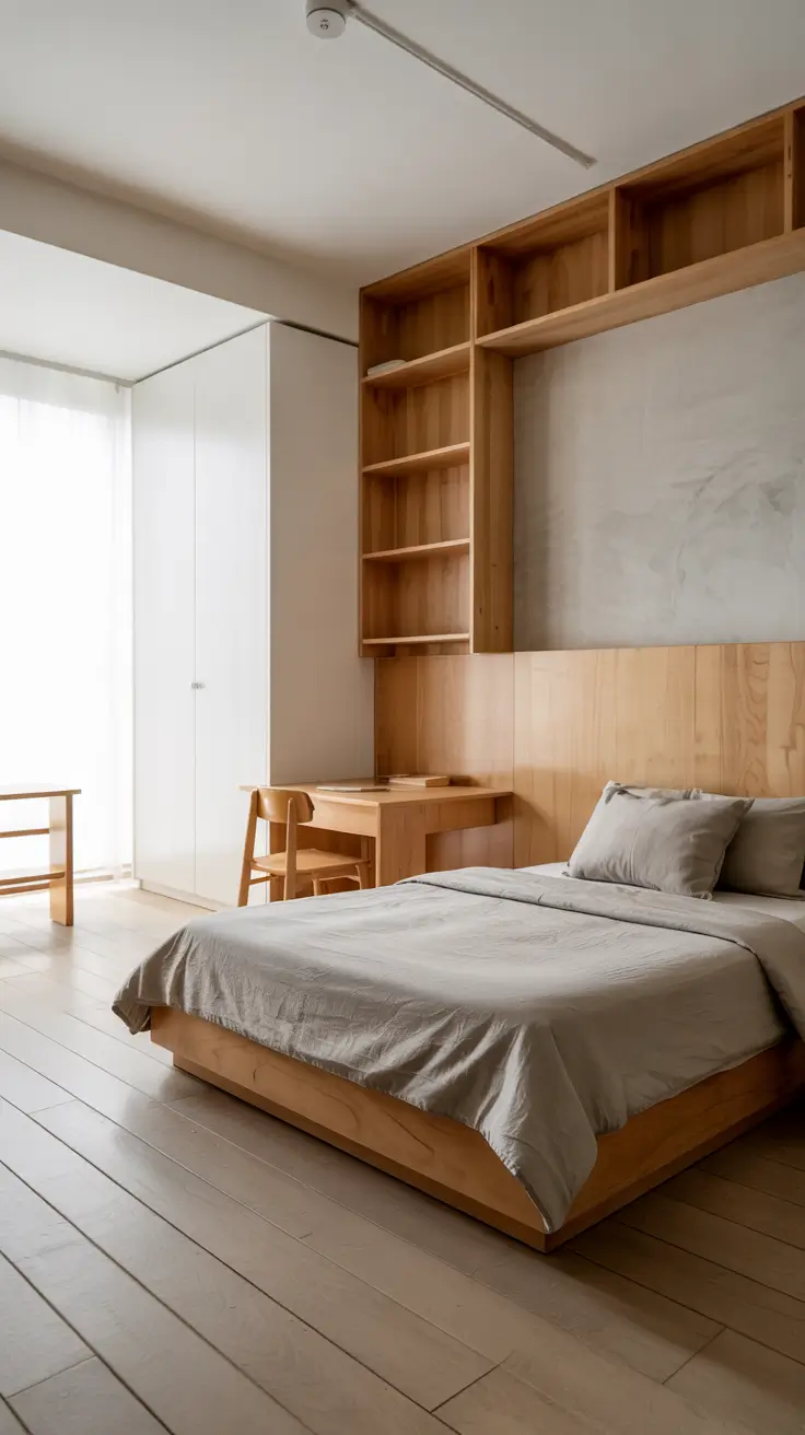 modern minimal kids bedroom remodel with built in desk and storage