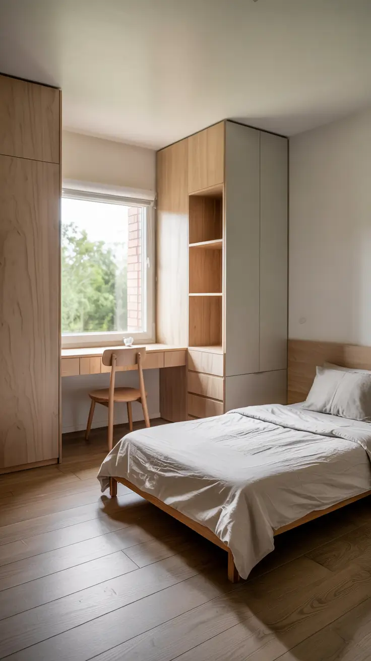 modern minimal kids bedroom remodel with built in desk and storage