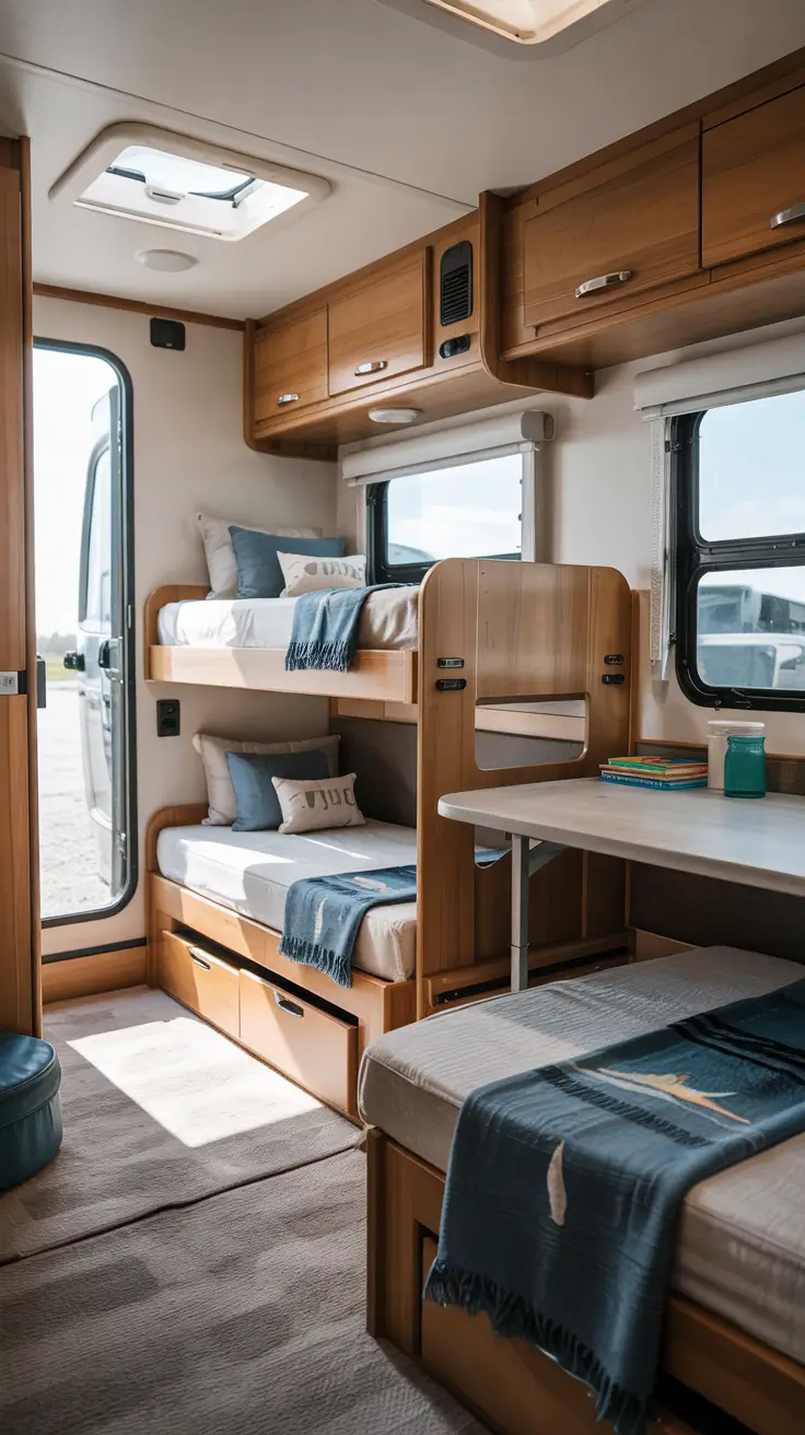 cozy rv kids bedroom remodel with twin beds and warm lighting