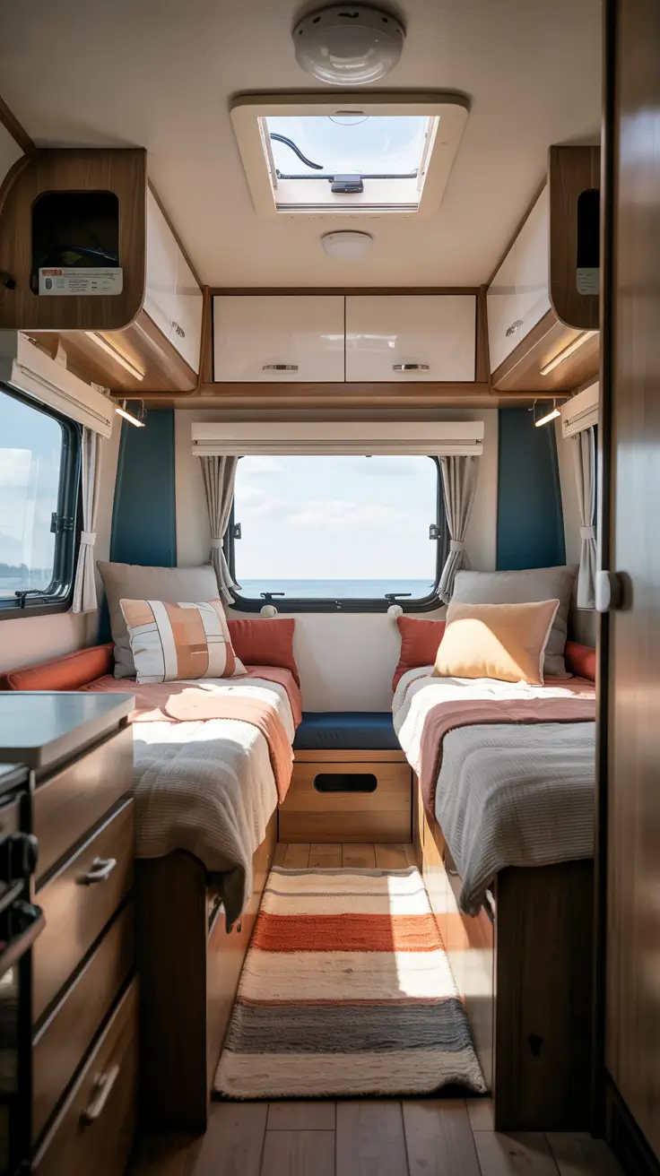 cozy rv kids bedroom remodel with twin beds and warm lighting