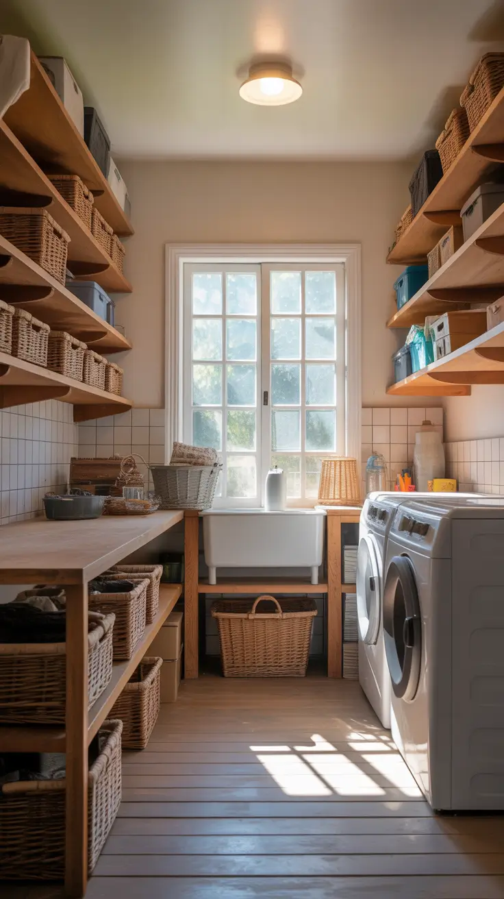 laundry room remodel ideas 2026 Laundry Room Remodel Ideas With Open Shelving And Basket Storage