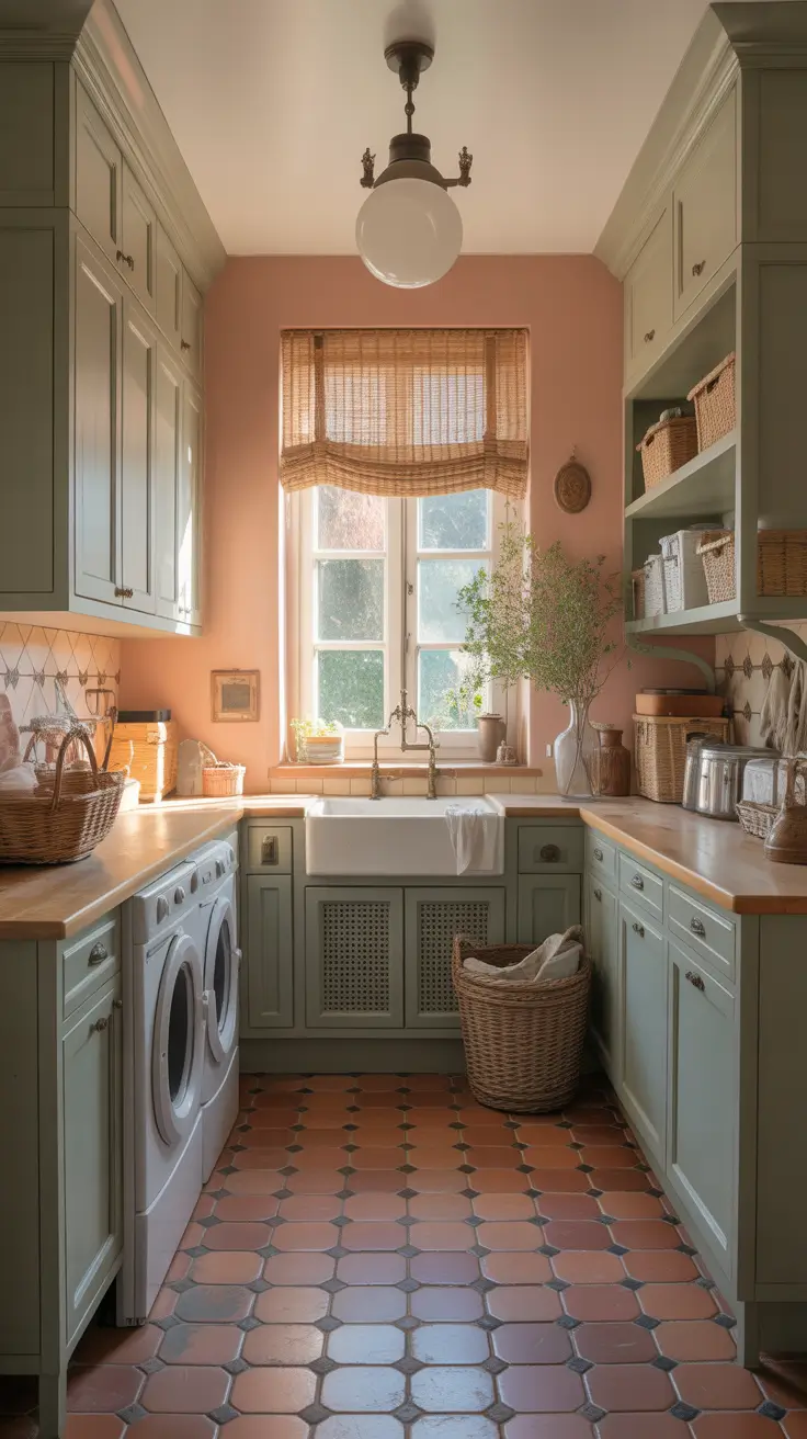 Laundry Room Remodel Ideas 2026 With Soft Vintage Green Cabinets And Warm Tile Floors