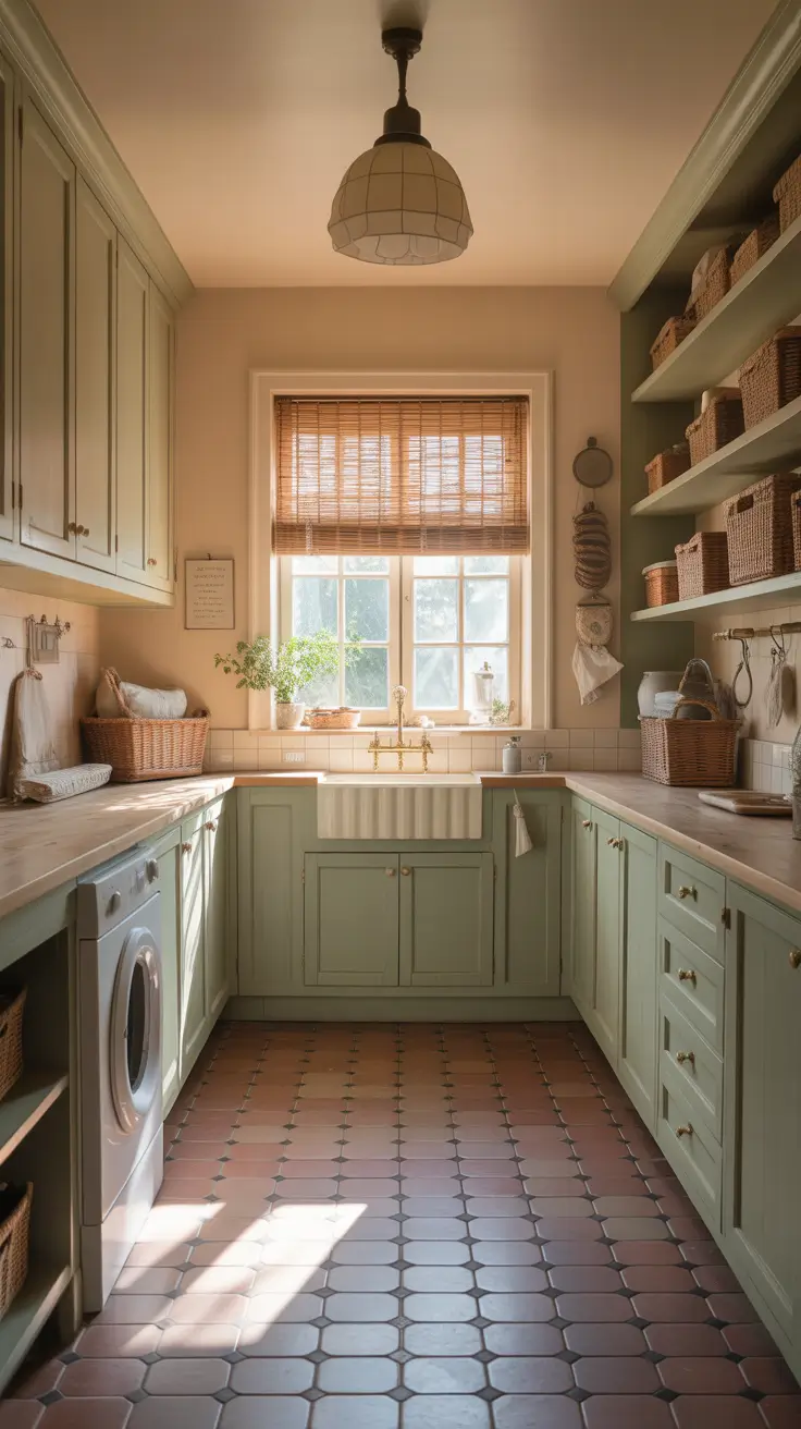 Laundry Room Remodel Ideas 2026 Vintage Green Cabinets With Warm Tile Floors