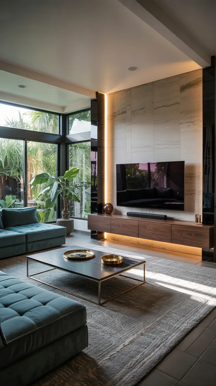 Living Room Tv Wall Ideas With Vertical LED Accent Lighting