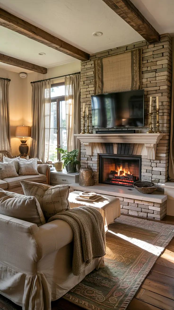 Living Room Tv Wall Ideas Rustic Fireplace With Exposed Beams