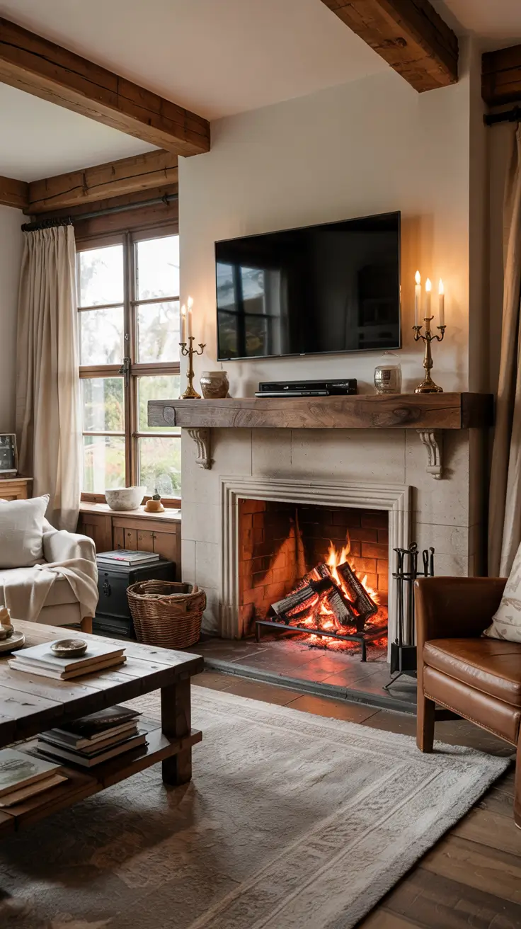 Living Room Tv Wall Ideas Rustic Fireplace With Exposed Beams
