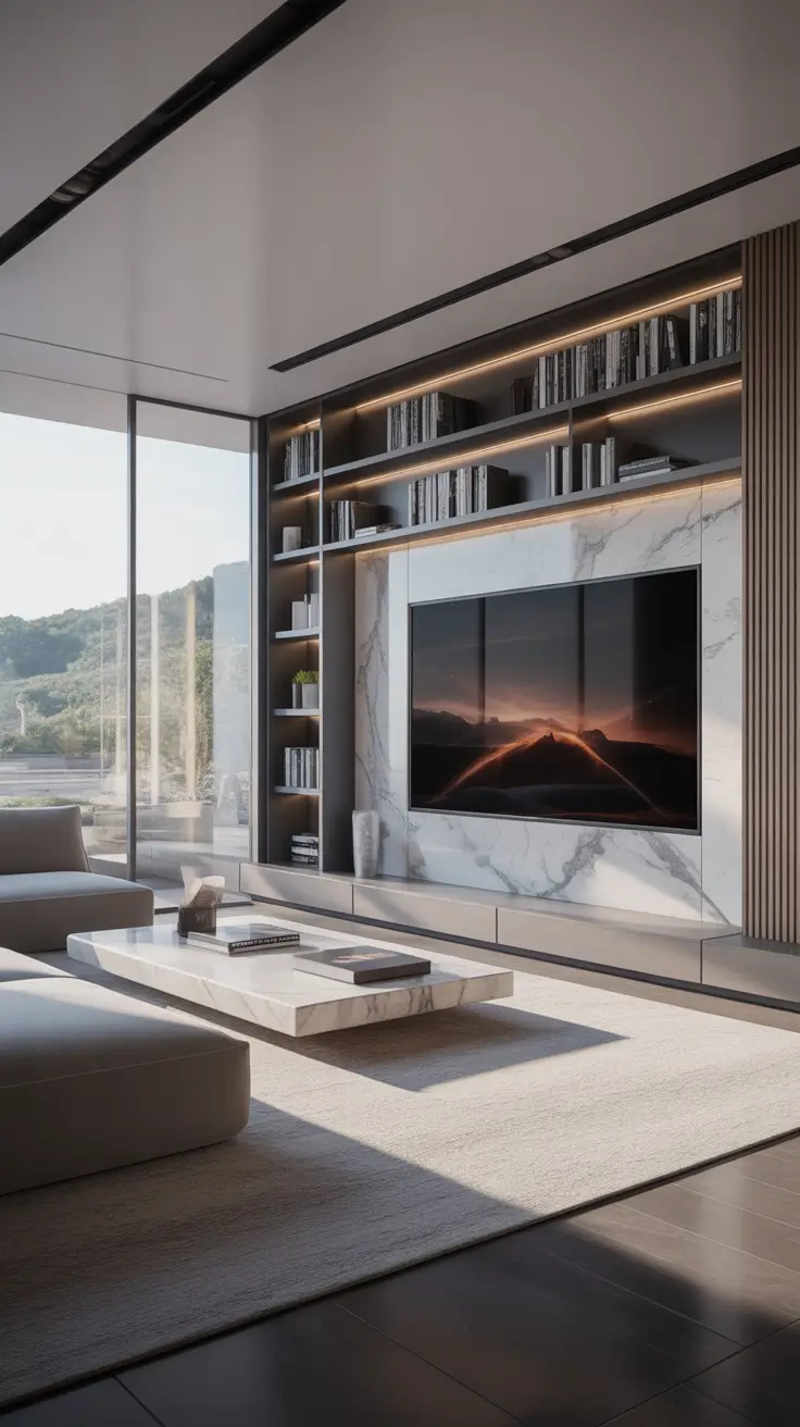 luxury living room ideas 2026 Architectural Media Walls Modern Luxury Living Room Ideas With Marble Integration