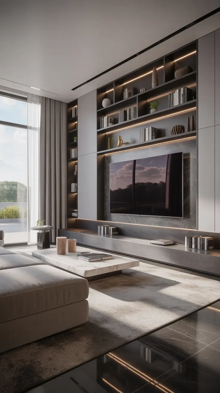 luxury living room ideas 2026 Architectural Media Walls Modern Luxury Living Room Ideas With Marble Integration