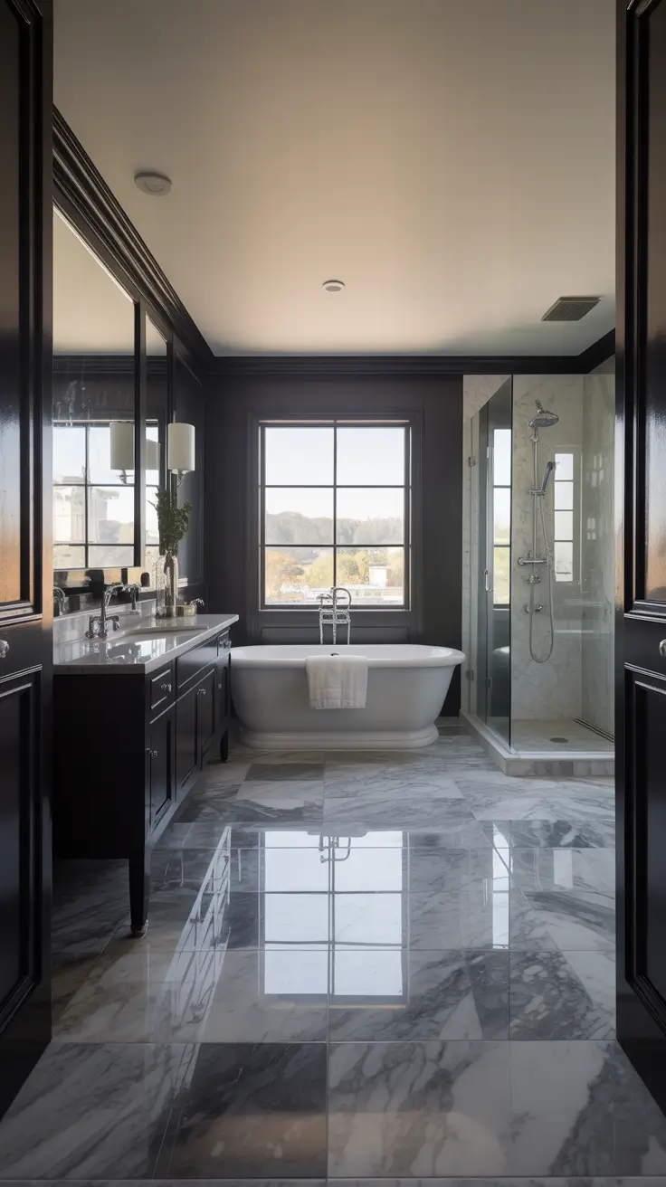 master bathroom ideas 2026 Dramatic Black Accents Elevating Master Bathrooms Decorations