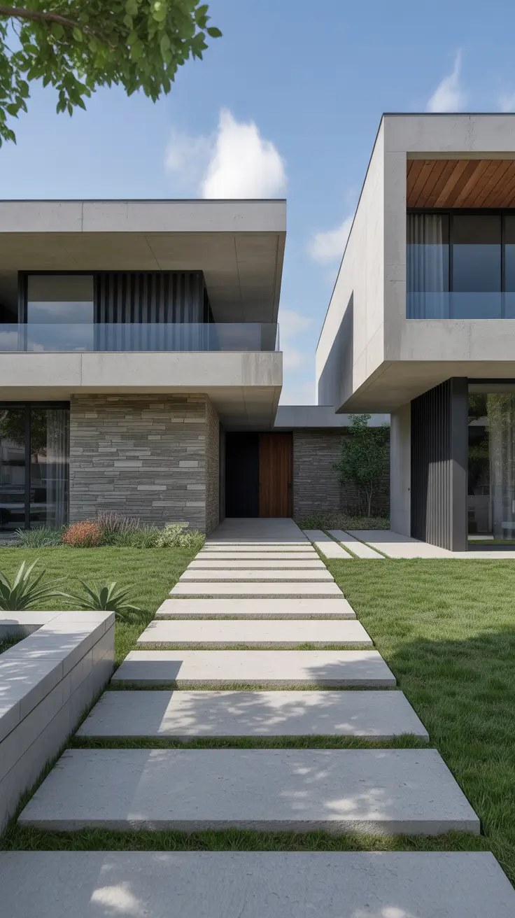 modern front yard 2026 Symmetrical Modern Front Yard Landscaping For Bold Architecture