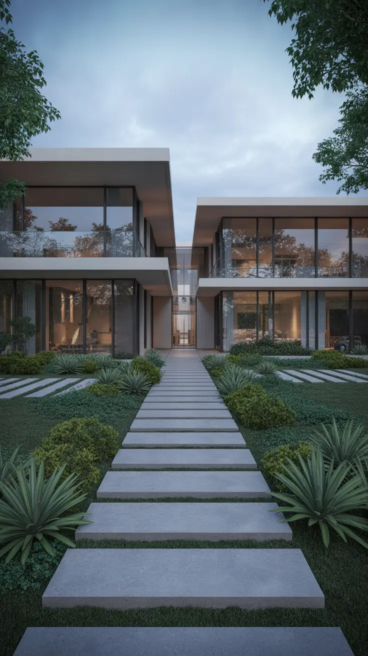 modern front yard 2026 Symmetrical Modern Courtyard Entrance With Clean Geometry