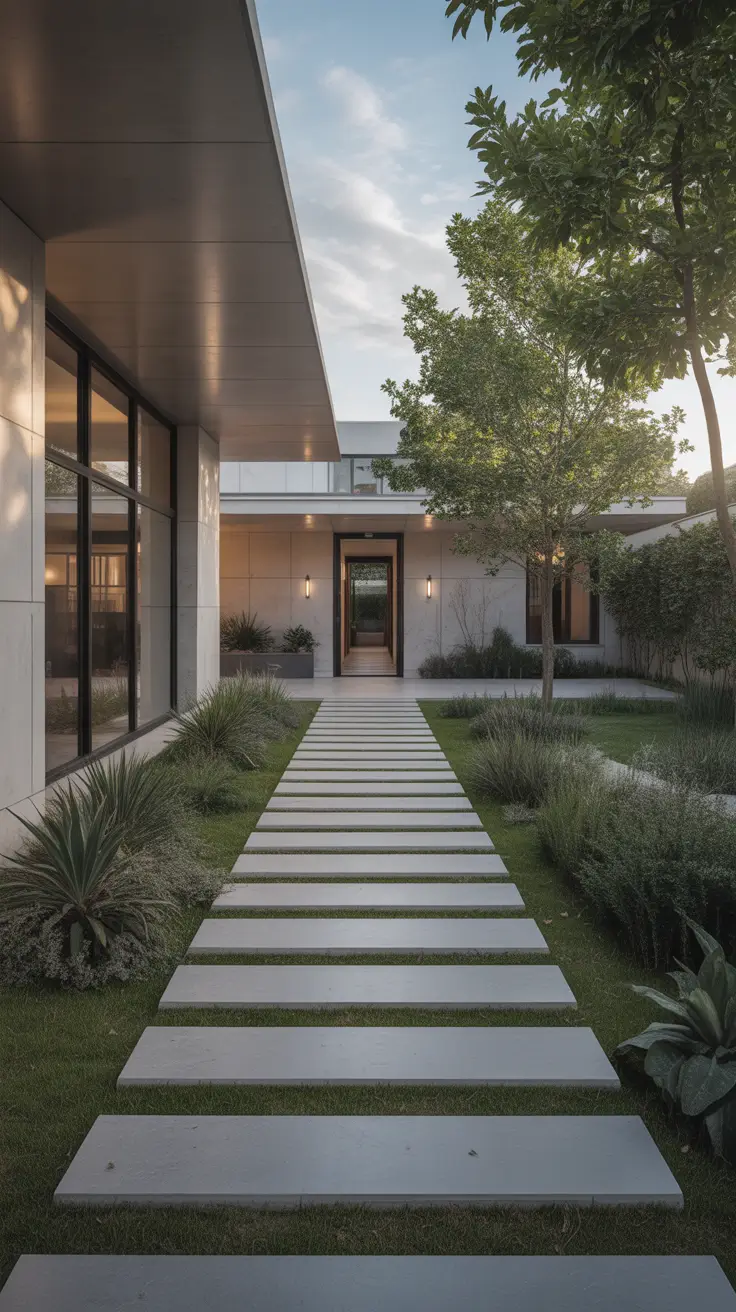modern front yard 2026 Symmetrical Modern Courtyard Entrance With Clean Geometry