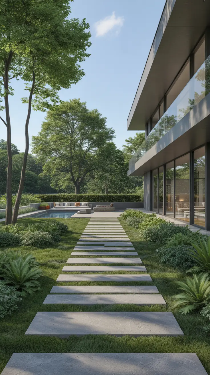 modern front yard 2026 Contemporary Gabled Entry With Structured Path Grid