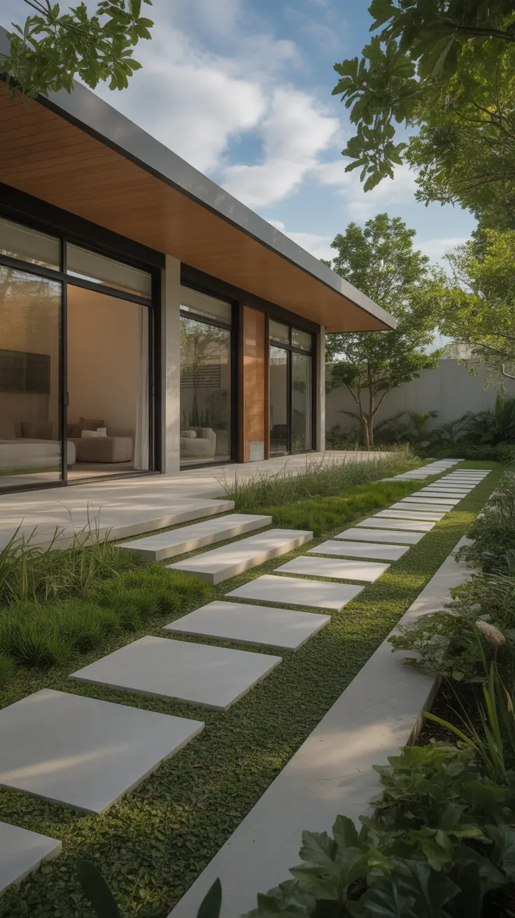 modern front yard 2026 Contemporary Gabled Entry With Structured Path Grid