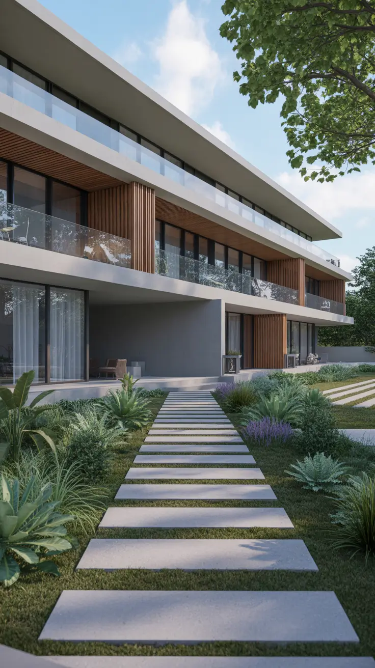 modern front yard 2026 Expansive Linear Walkway With Resort Style Landscaping