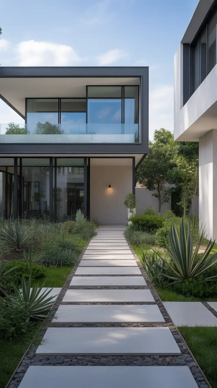 modern front yard 2026 Expansive Linear Walkway With Resort Style Landscaping