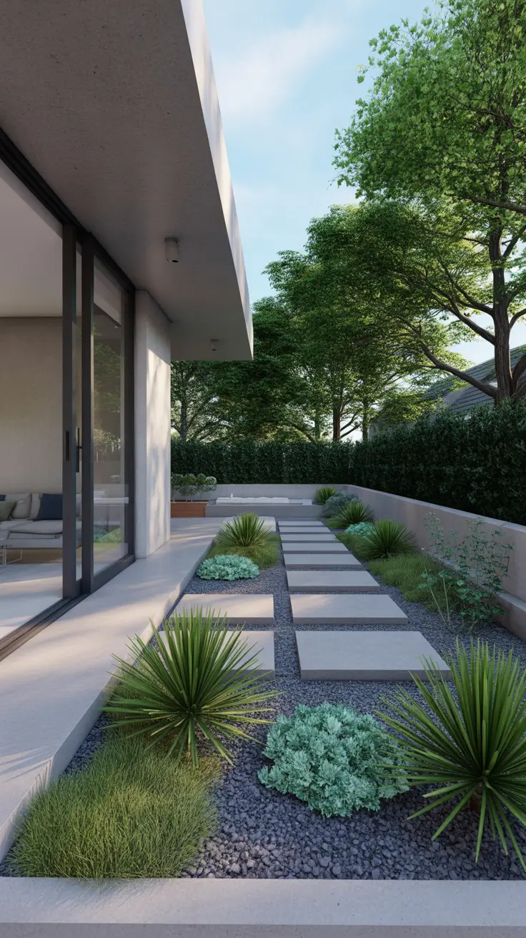 modern front yard 2026 Side Yard Minimalism With Sculptural Planting