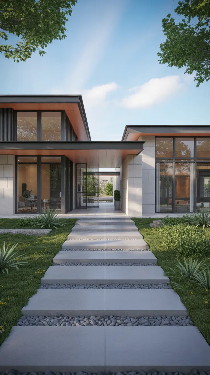 modern front yard 2026 Elevated Entry With Textured Stone And Linear Steps