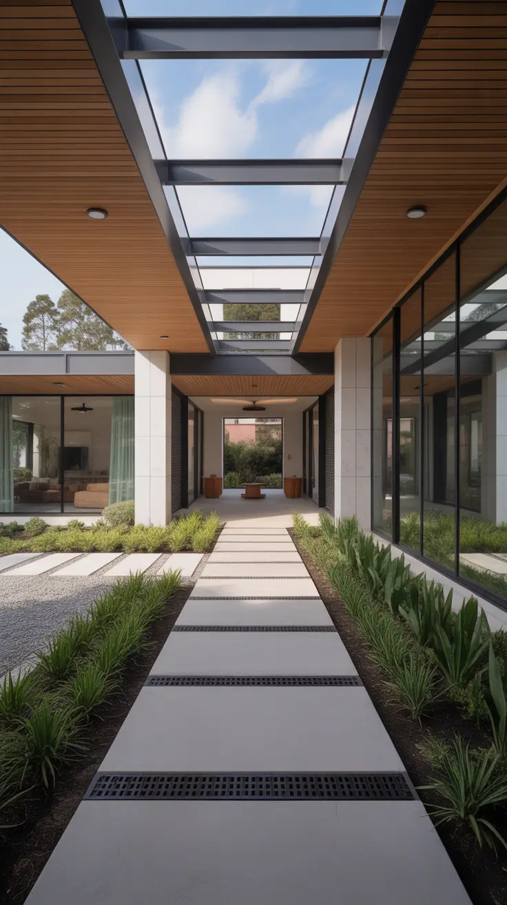 modern front yard 2026 Elevated Entry With Textured Stone And Linear Steps