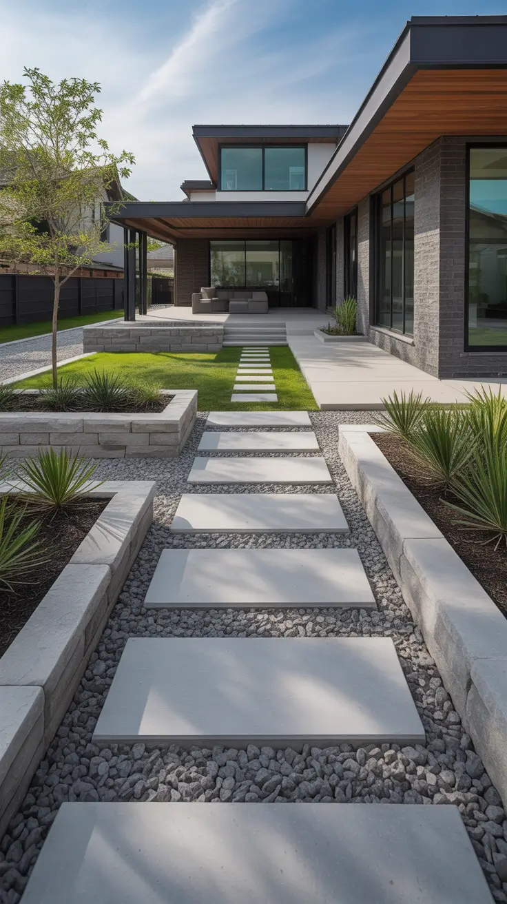 modern front yard 2026 Modern Front Yard Hardscape Design With Concrete And Stone