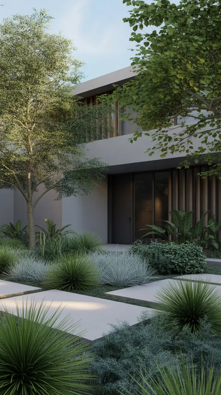 modern front yard 2026 Modern Front Yard Garden With Sculptural Planting