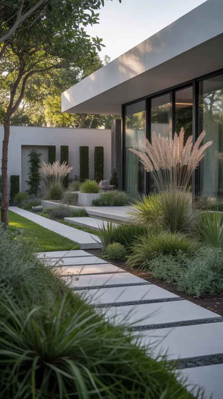 modern front yard 2026 Modern Front Yard Garden With Sculptural Planting