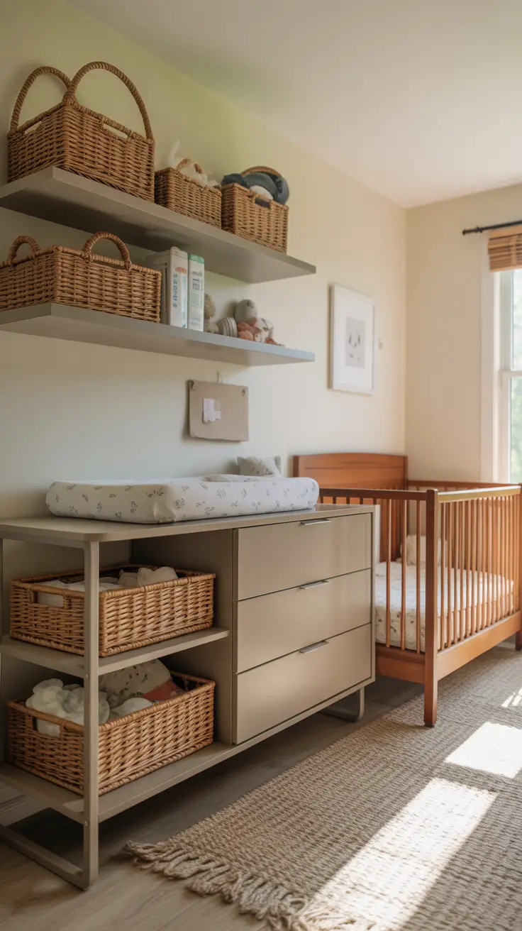 nursery remodel ideas 2026 24 — Nursery Remodel Ideas With Floating Shelves And Basket Storage For Small Rooms