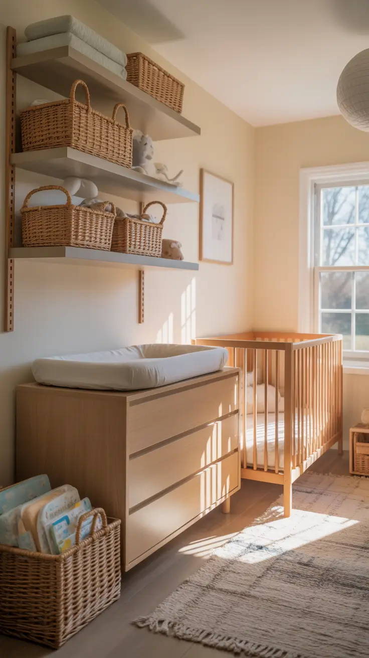 nursery remodel ideas 2026 24 — Nursery Remodel Ideas With Floating Shelves And Basket Storage For Small Rooms