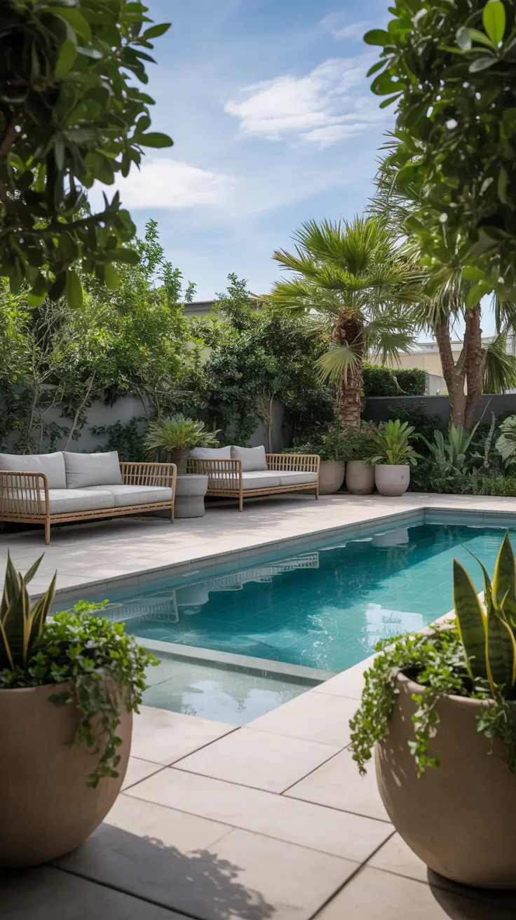 outdoor pool area 2026 Outdoor Pool Area With Green Walls For Privacy And Calm