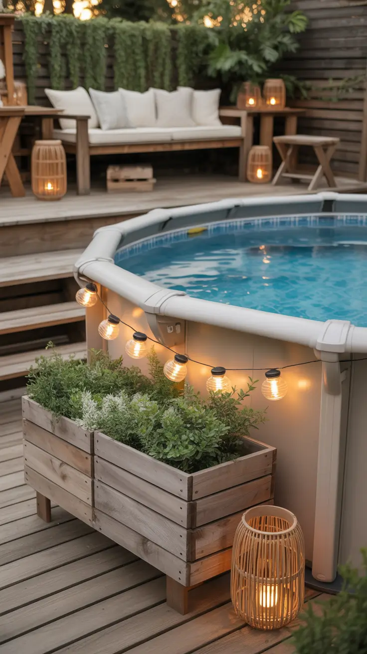 outdoor pool area above ground 2026 Outdoor Pool Area Above Ground With Cozy Evening Lighting