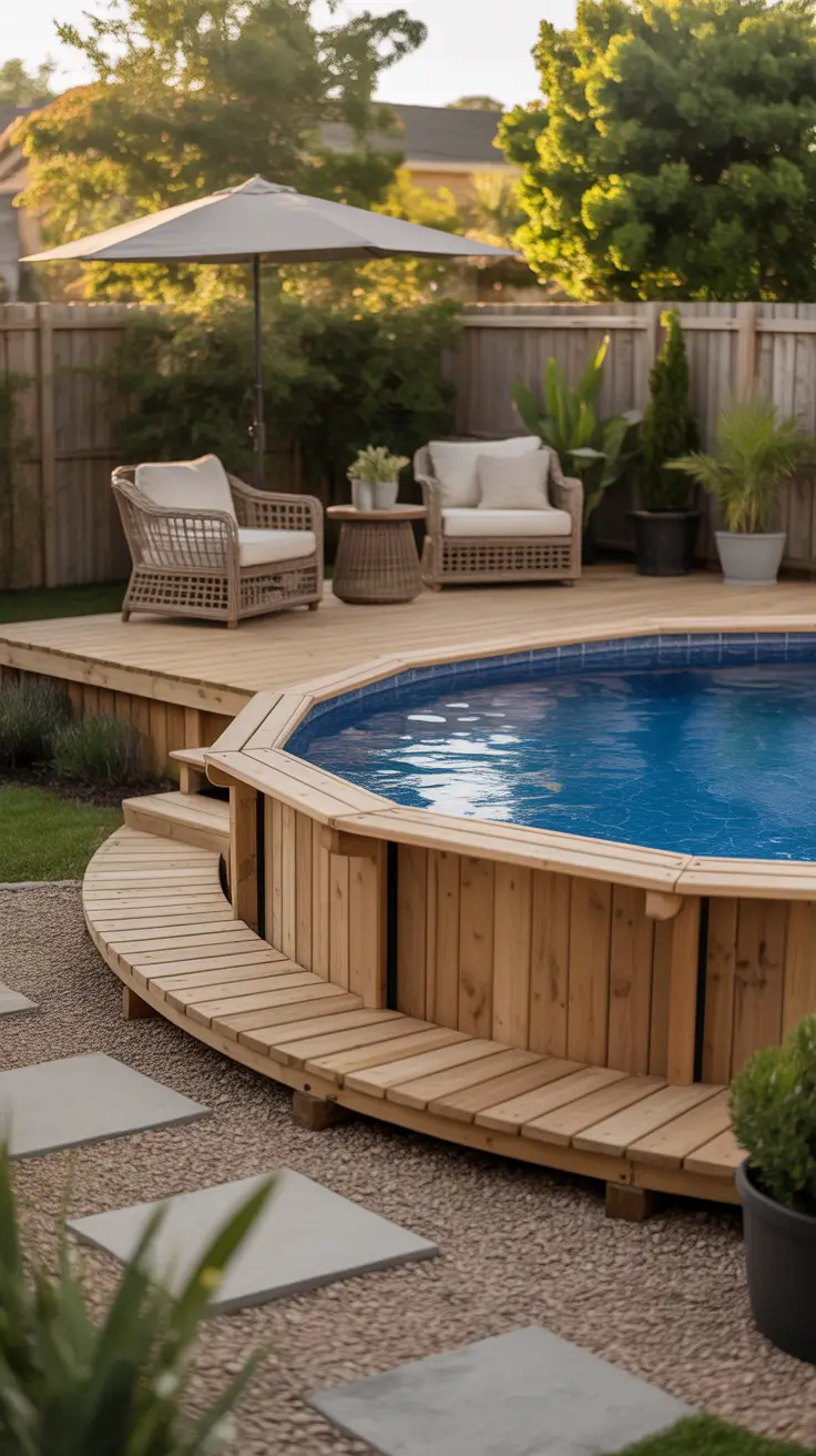outdoor pool area above ground 2026 Circular Deck Flow