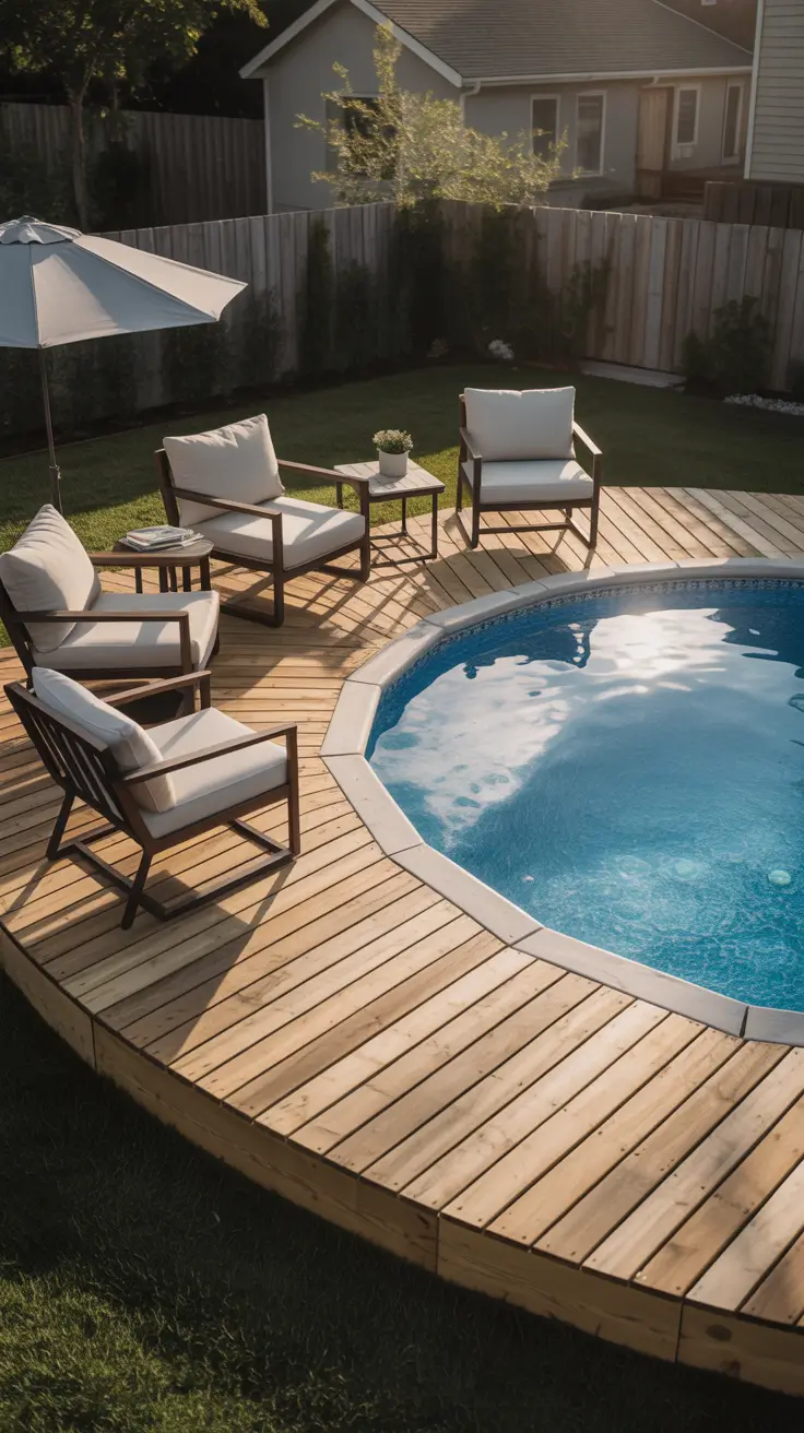 outdoor pool area above ground 2026 Curved Wooden Deck Seating