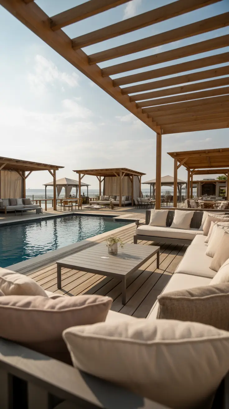 outdoor pool area above ground 2026 Resort Style Pergola Seating