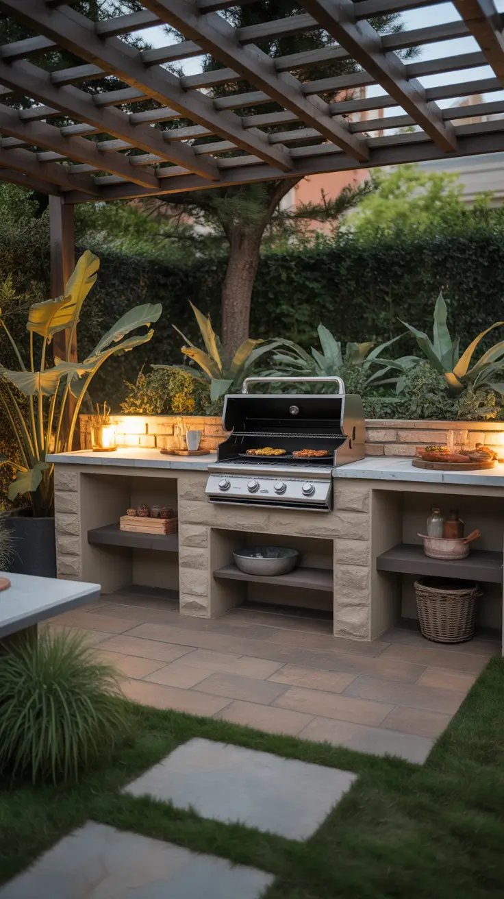 outside barbecue area ideas 2026 28 – Pergola-Style Outside Barbecue Area Ideas With Warm Evening Glow