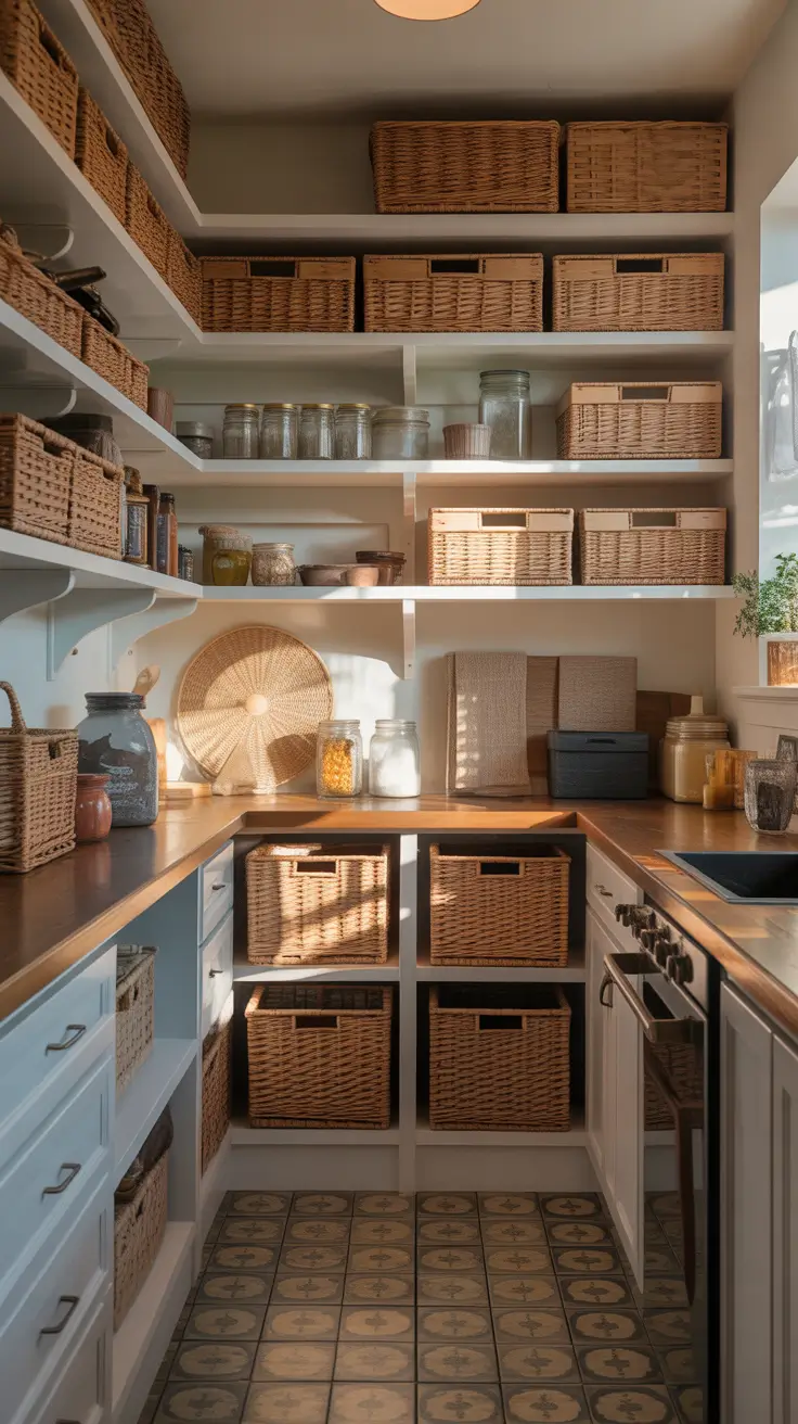 pantry remodel ideas 2026 Walk In Pantry Remodel Ideas With Open Shelving And Baskets