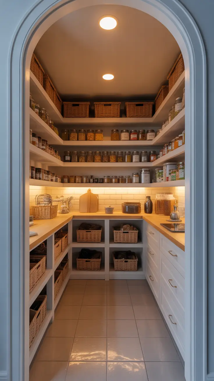 pantry remodel ideas 2026 Corner Pantry Remodel Ideas With Warm Wallpaper And Cozy Styling