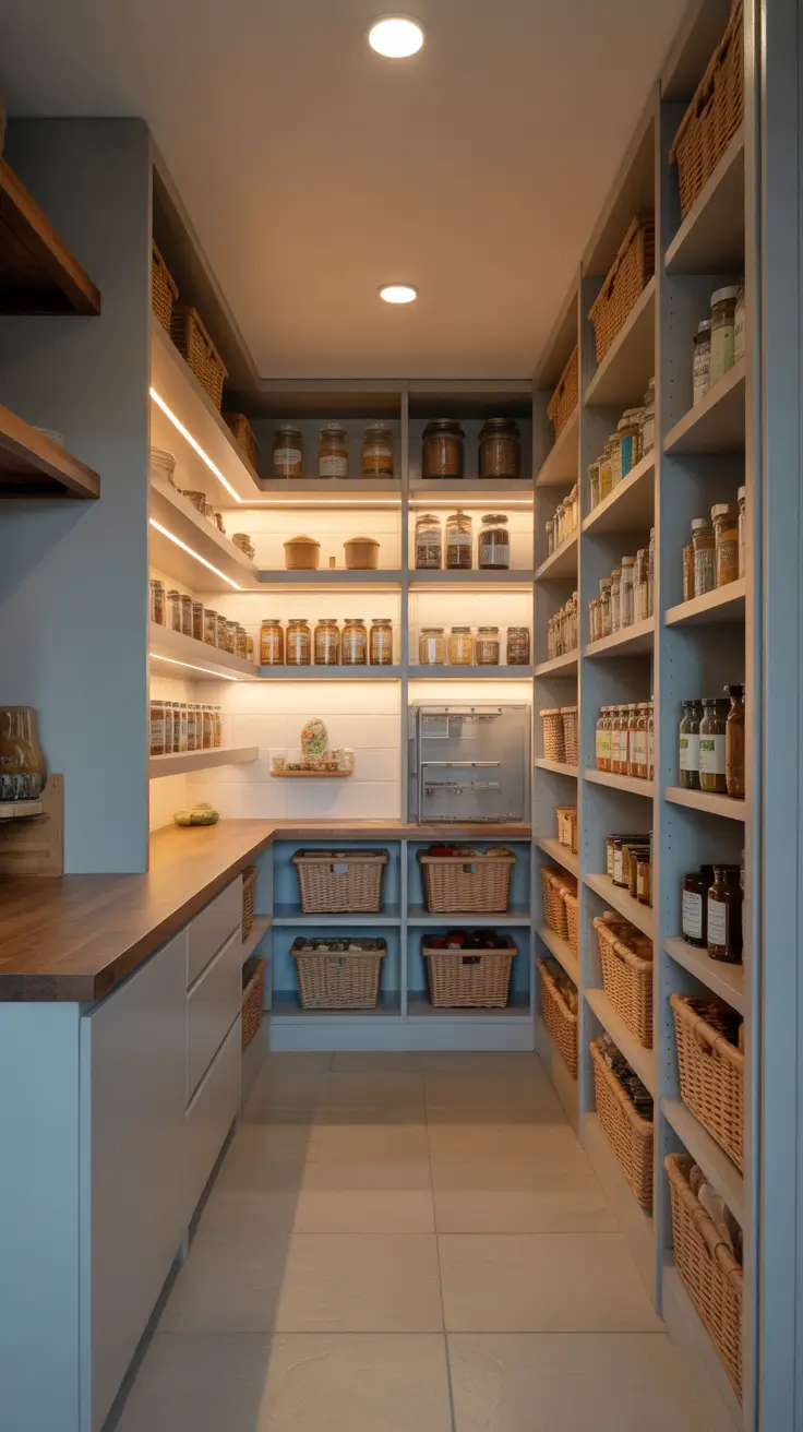 pantry remodel ideas 2026 Corner Pantry Remodel Ideas With Warm Wallpaper And Cozy Styling