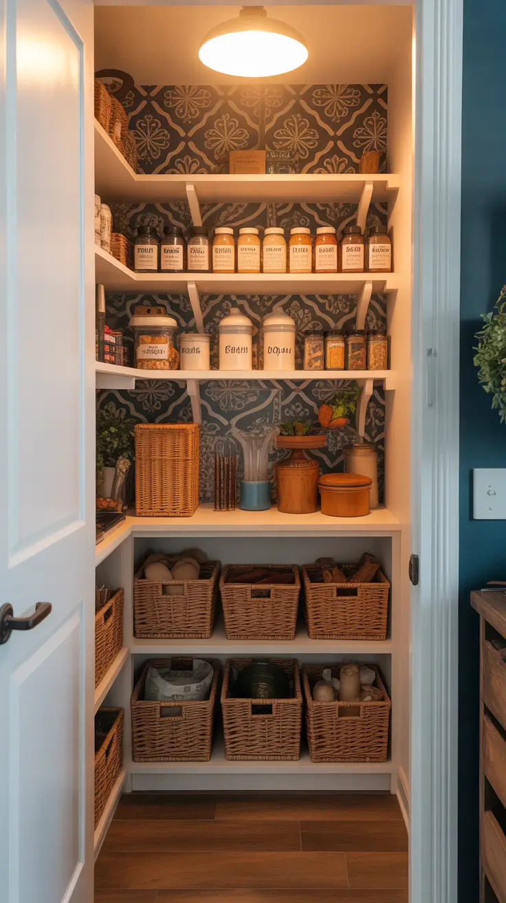 pantry remodel ideas 2026 Small Pantry Remodel Ideas With A Moody Statement Wallpaper Look