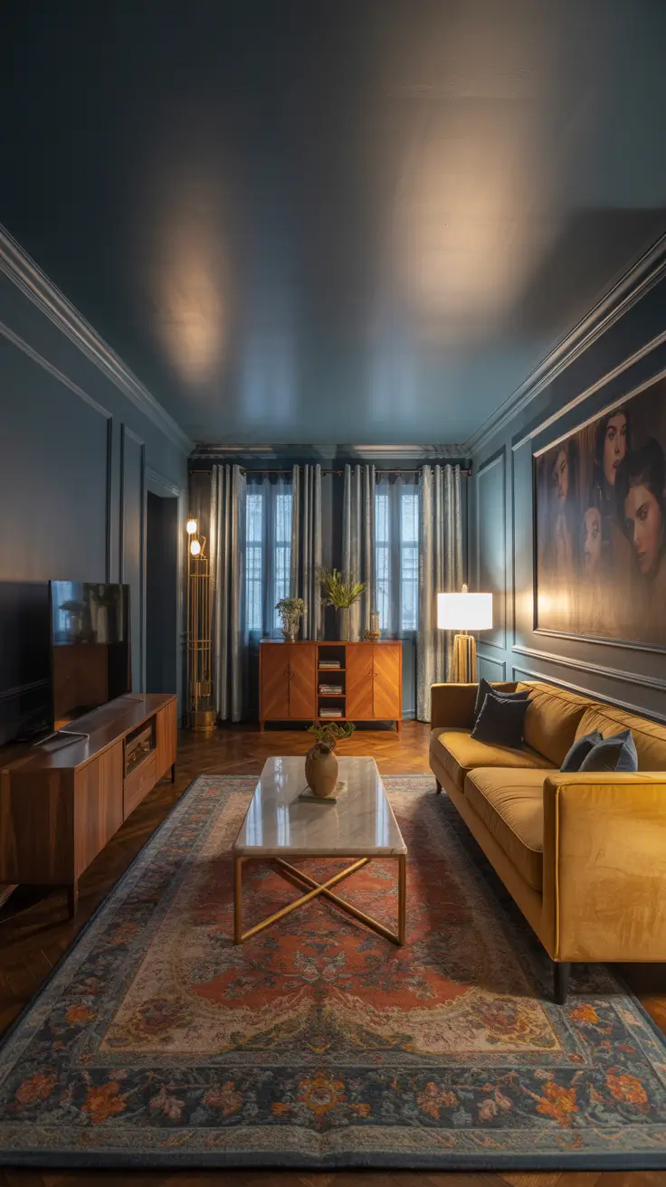 Moody Parlor Room Ideas With Dark Blue Walls And Warm Accent Lighting