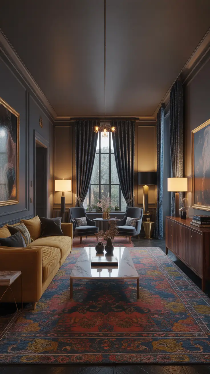 Moody Parlor Room Ideas With Dark Blue Walls And Warm Accent Lighting